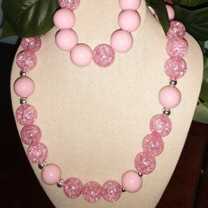 Necklace & Bracelet Set | Solid Pink & Pink Crackle Chunky Beads | Mothers Day
